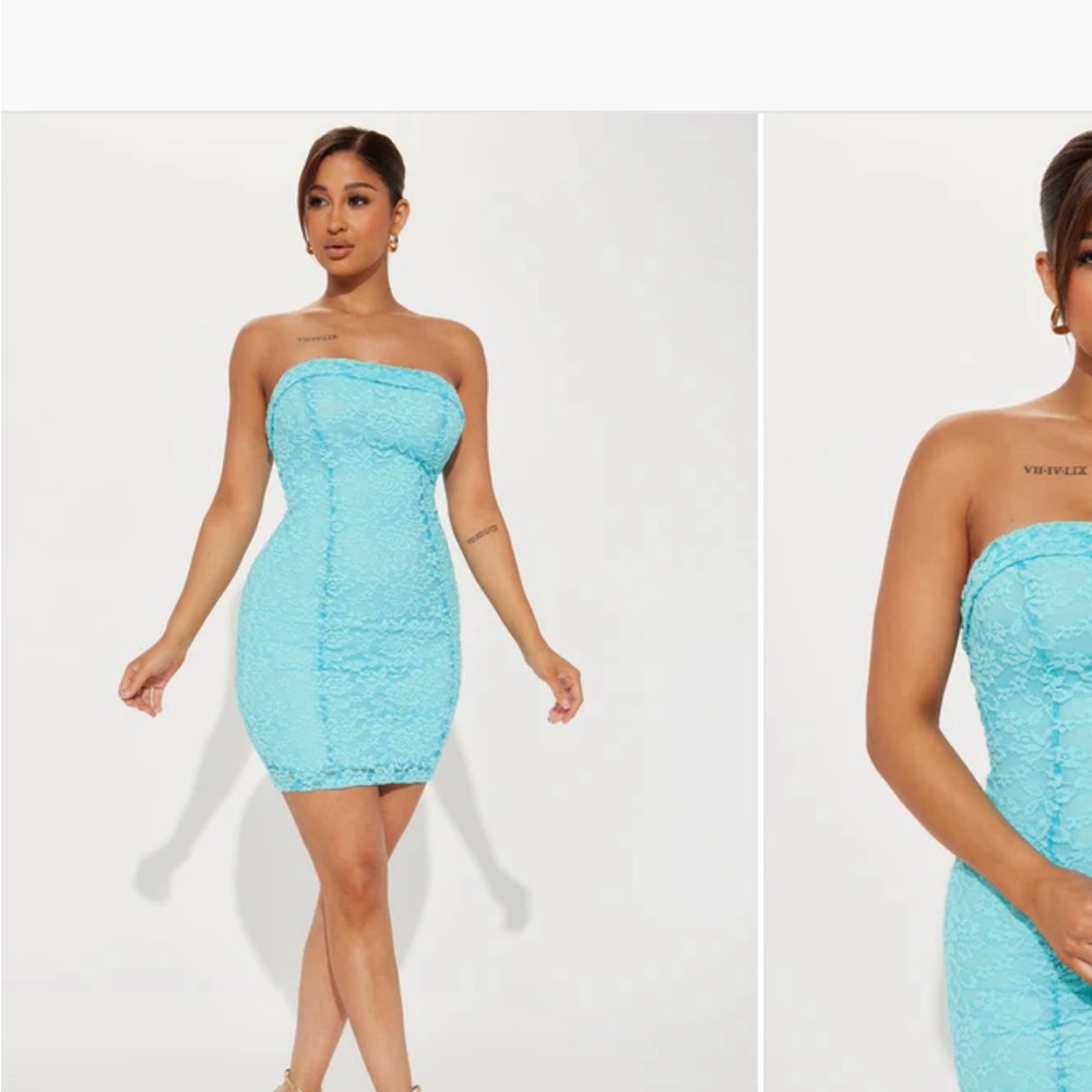 Fashion Nova Strapless Turquoise Lace Dress